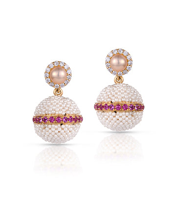 Pearl, Diamond and Pink sapphire earrings